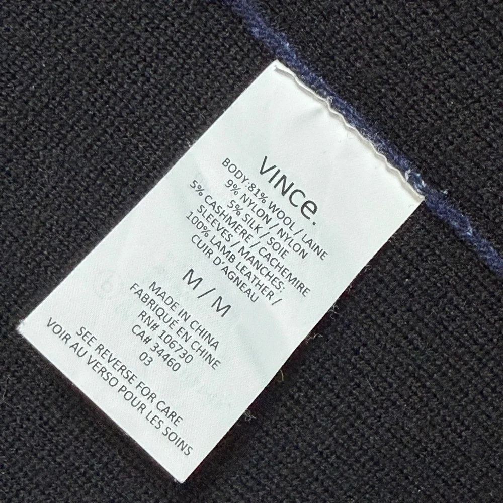 Vince Size Medium Wool Cashmere Blend Navy and Black Open Cardigan With Leather